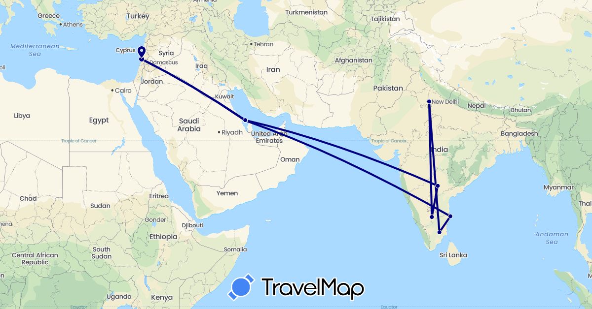 TravelMap itinerary: driving in Bahrain, India, Lebanon (Asia)